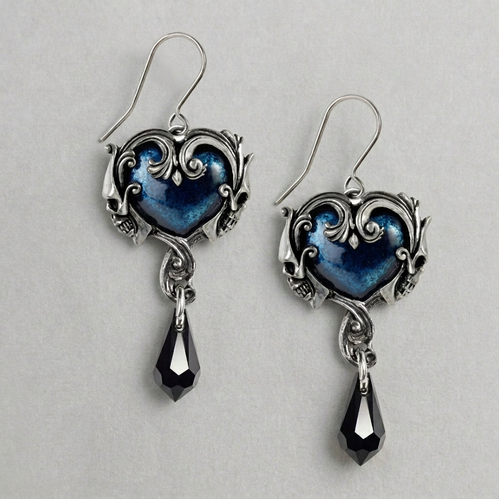 Haunted Blue Heart Skull Drop Earrings