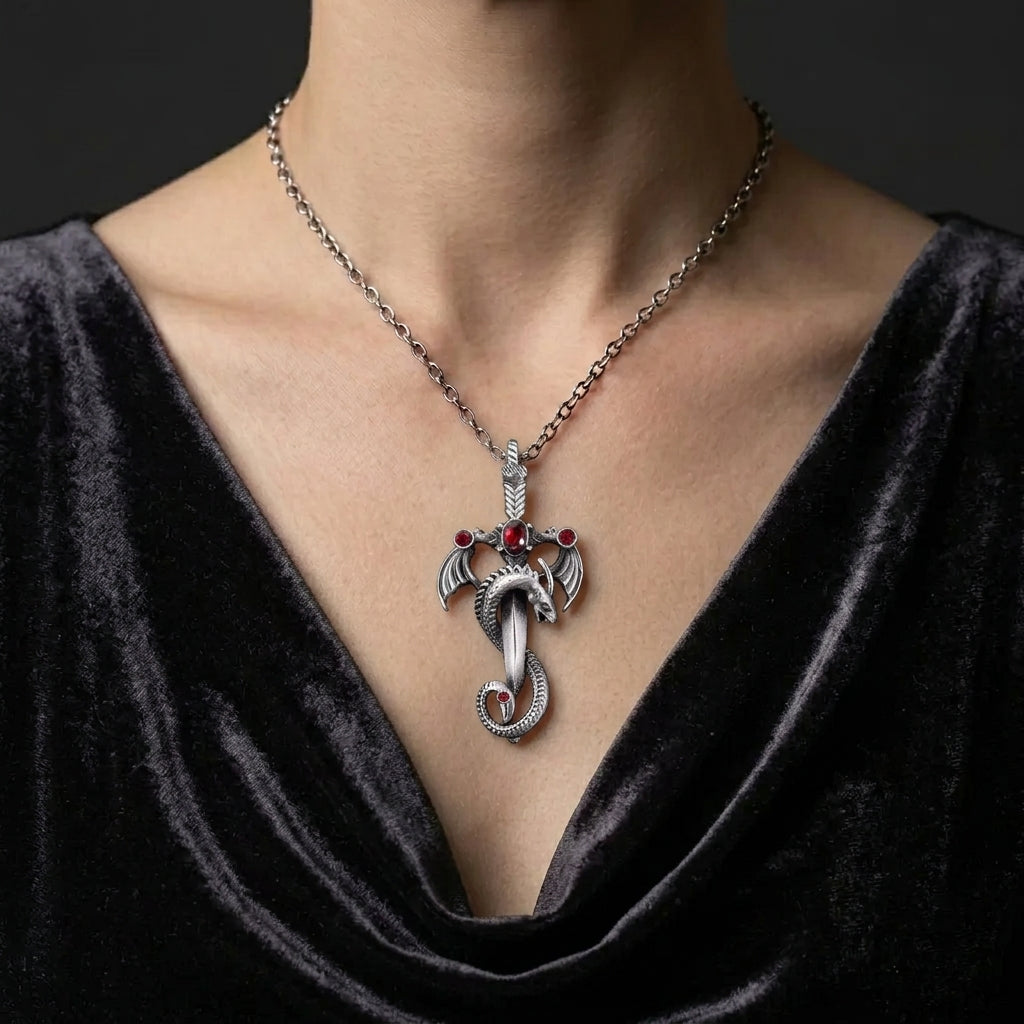 Cursed Serpent Wing Crimson Cross Necklace
