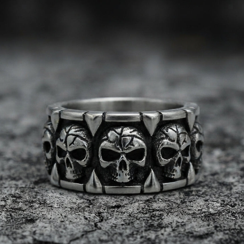 Spiked Skull Panel Statement Band Ring