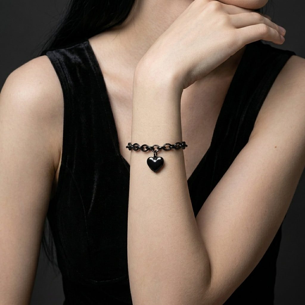 Black Heart Charm Cable Link Bracelet