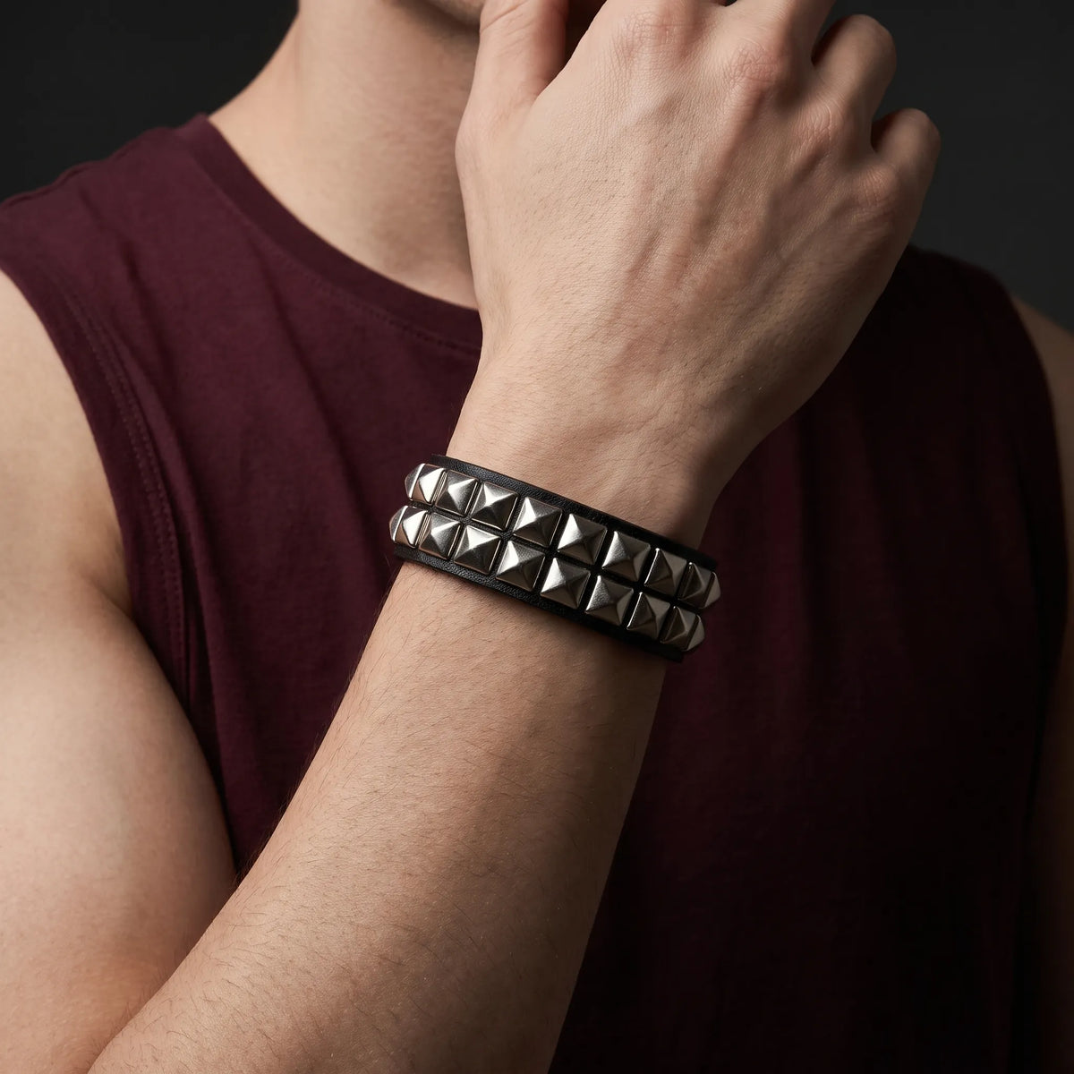 Dark Rebel Twin-Row Studded Leather Bracelet