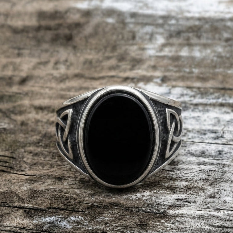Black Onyx Celtic Triquetra Oval Ring