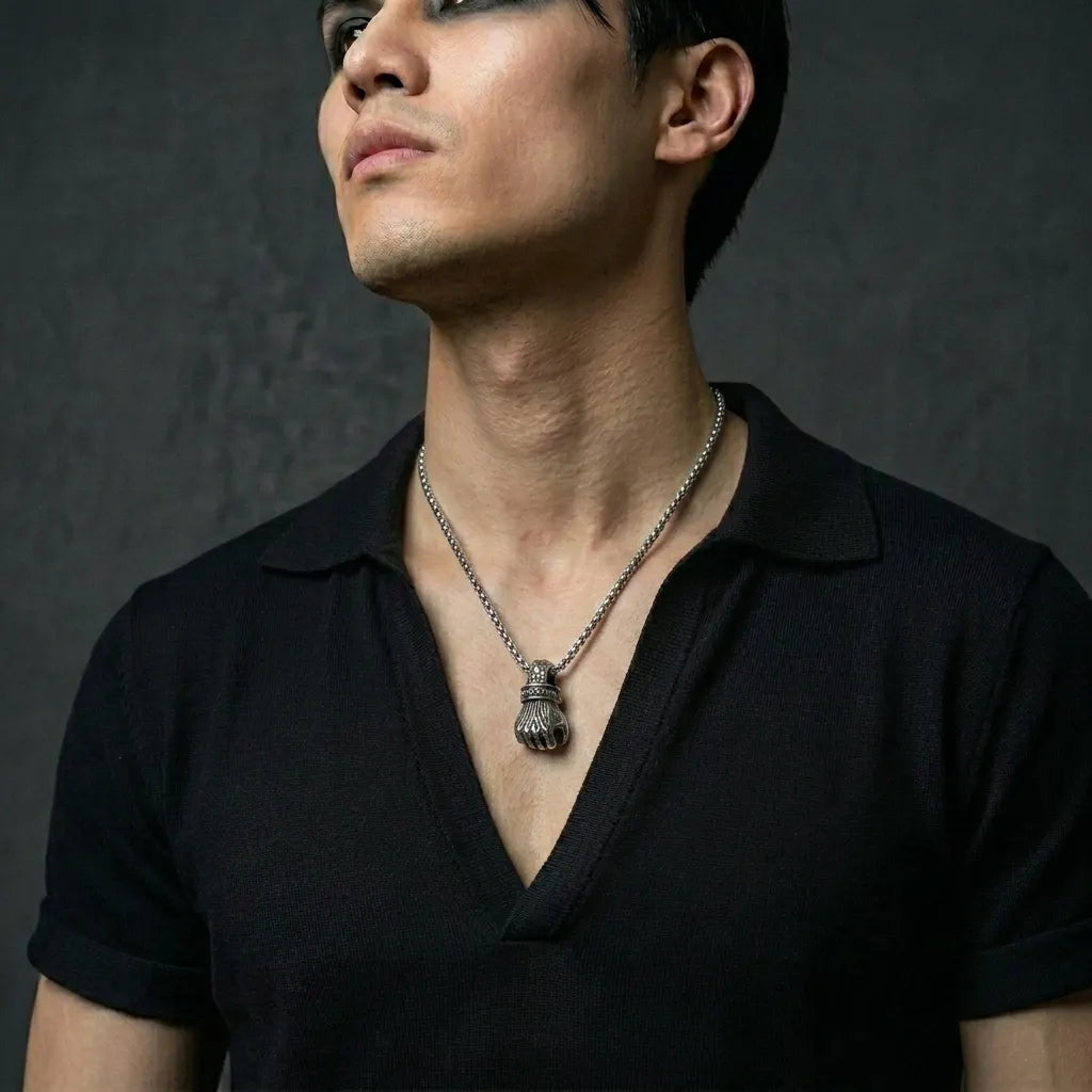 Skull-Topped Skeleton Fist Pendant Necklace