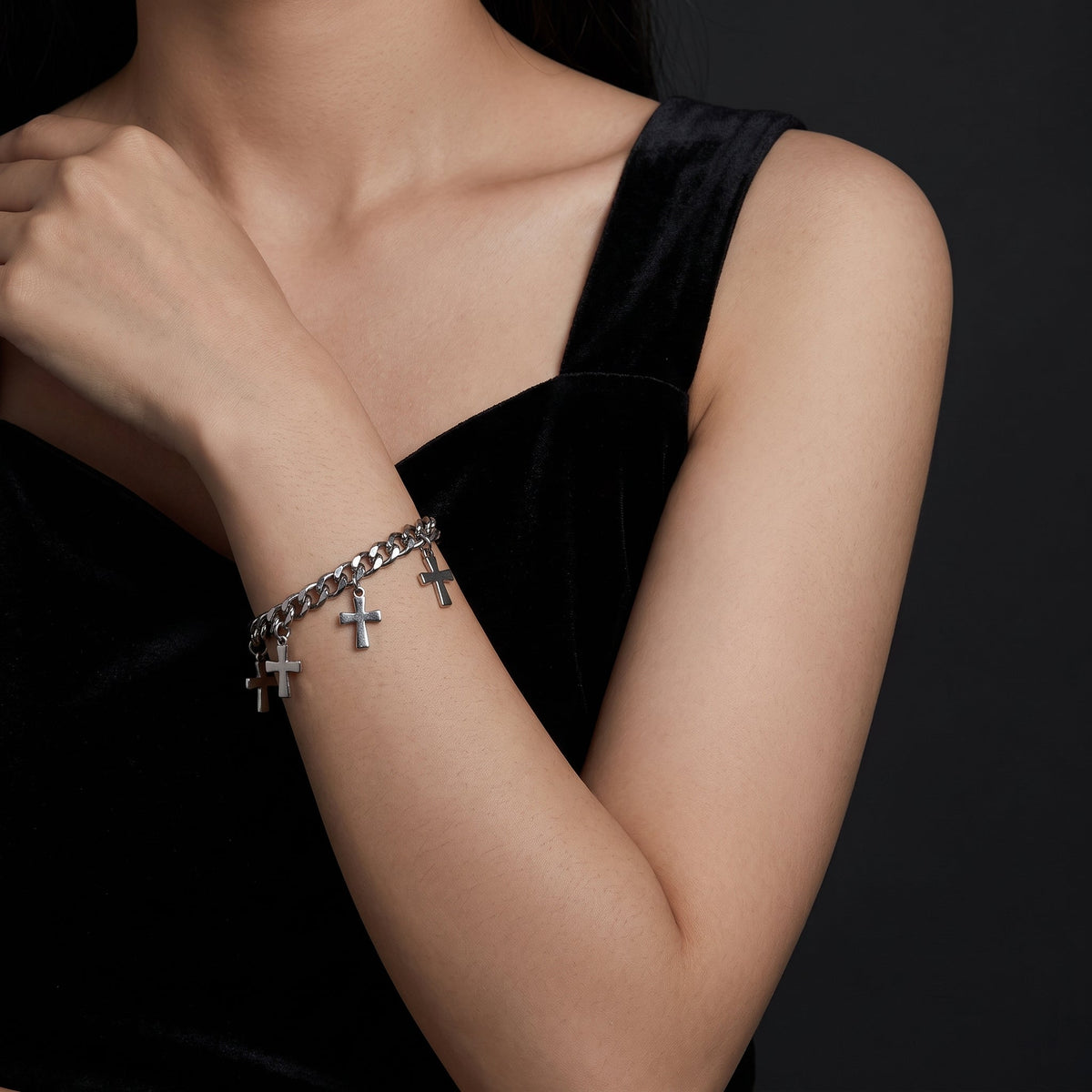Trinity Cross Charm Layered Chain Bracelet