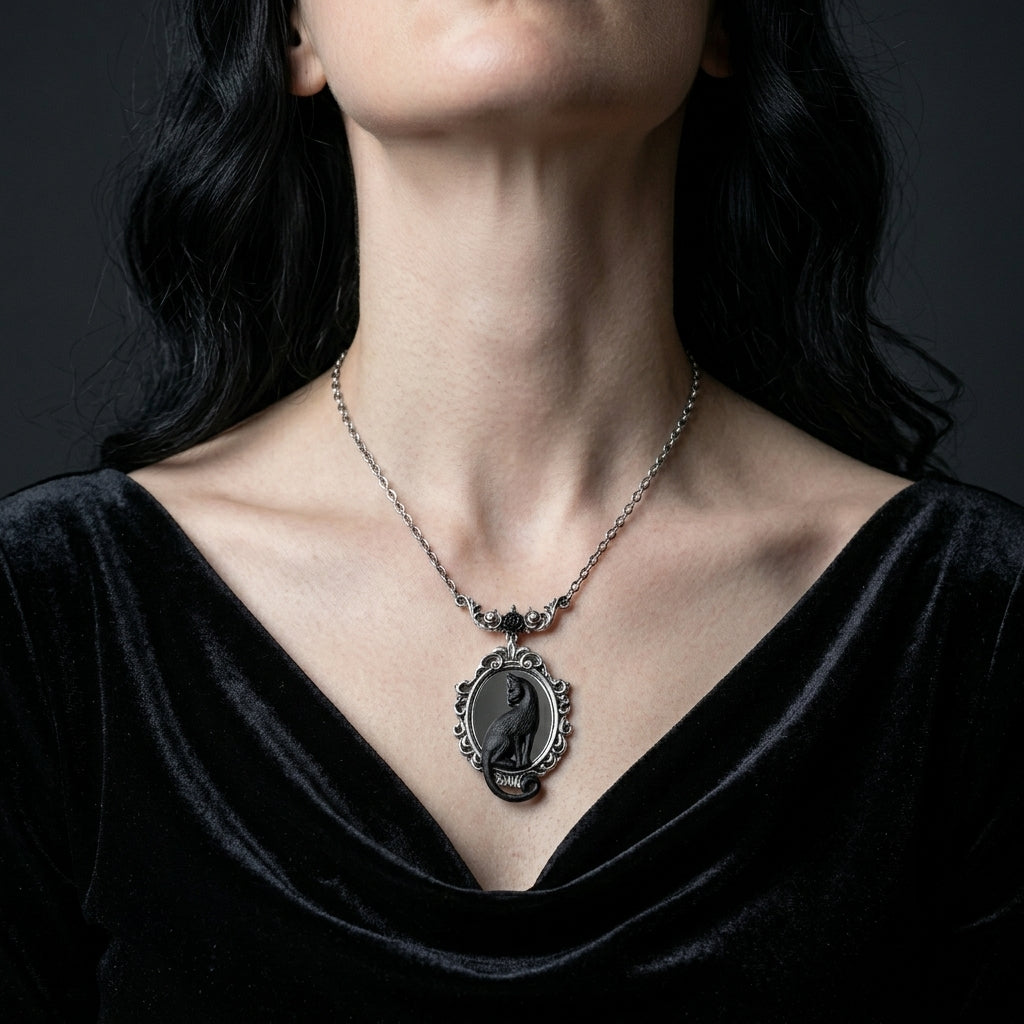 Shadow Cat Victorian Frame Rose Necklace