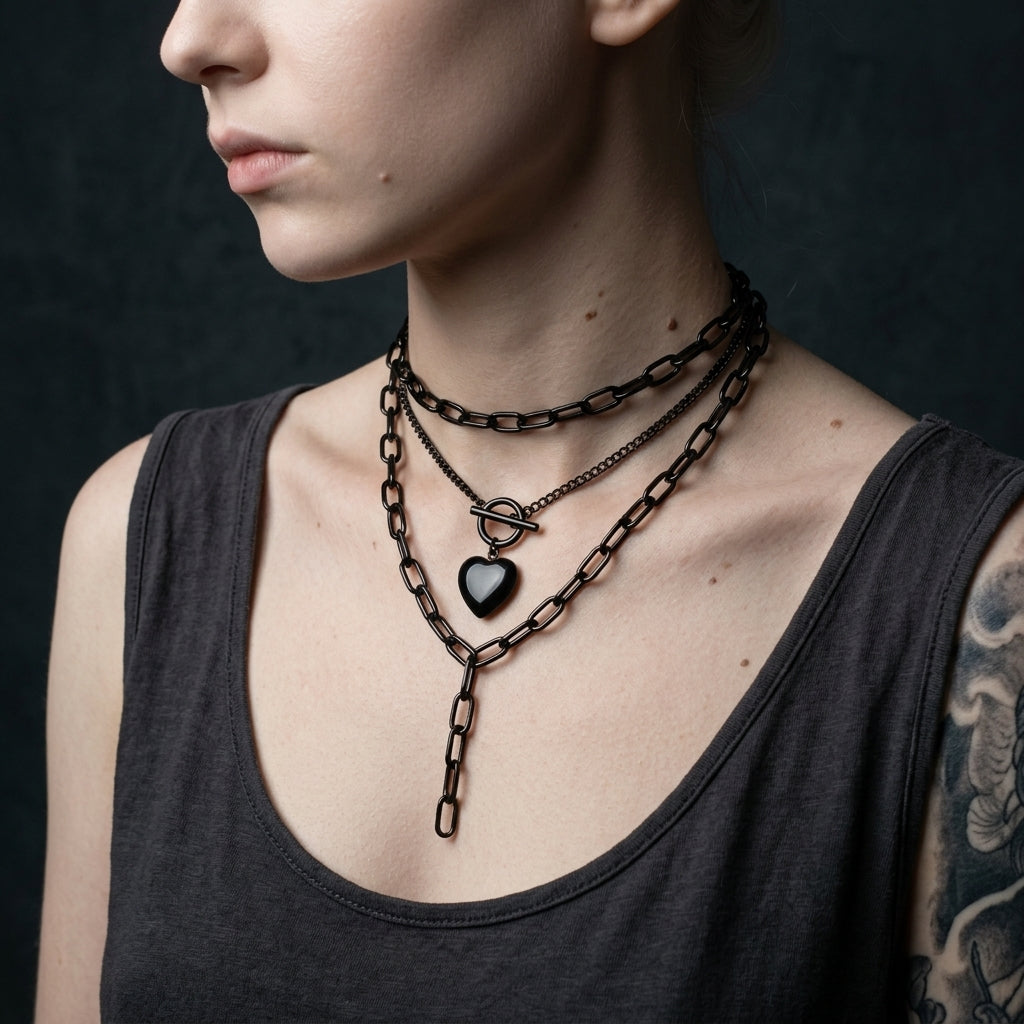Black Heart Toggle Layered Chain Necklace