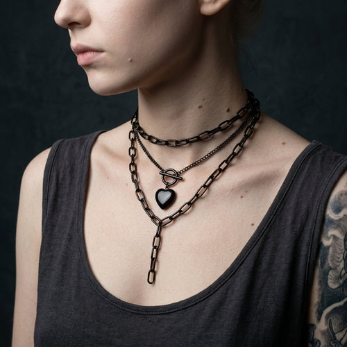 Black Heart Toggle Layered Chain Necklace