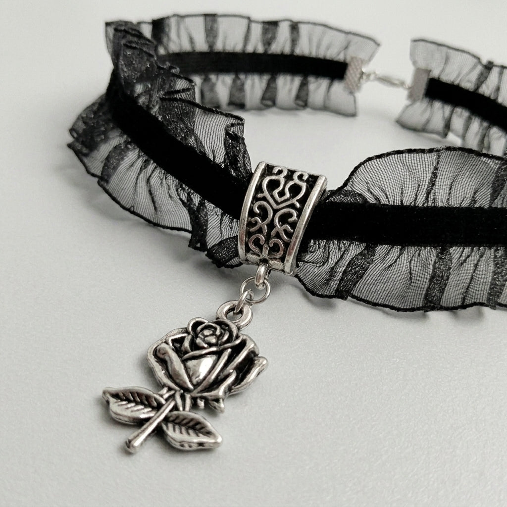 Ruffled Lace Rose Gothic Choker Necklace