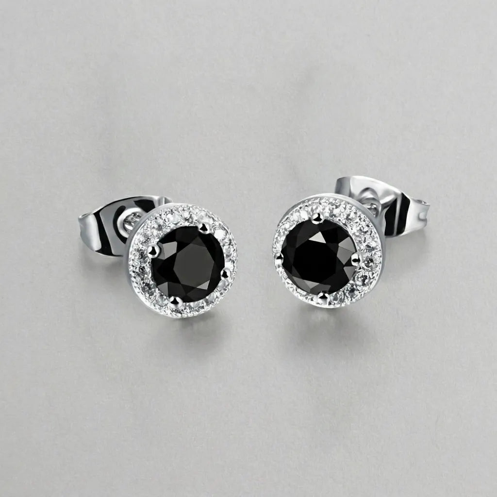 Black Diamond Halo Stud Earrings in Sterling Silver