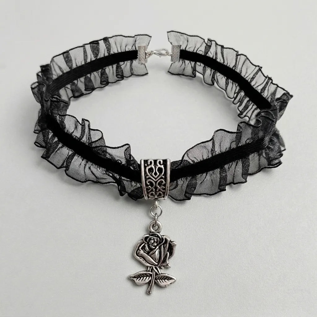 Ruffled Lace Rose Gothic Choker Necklace