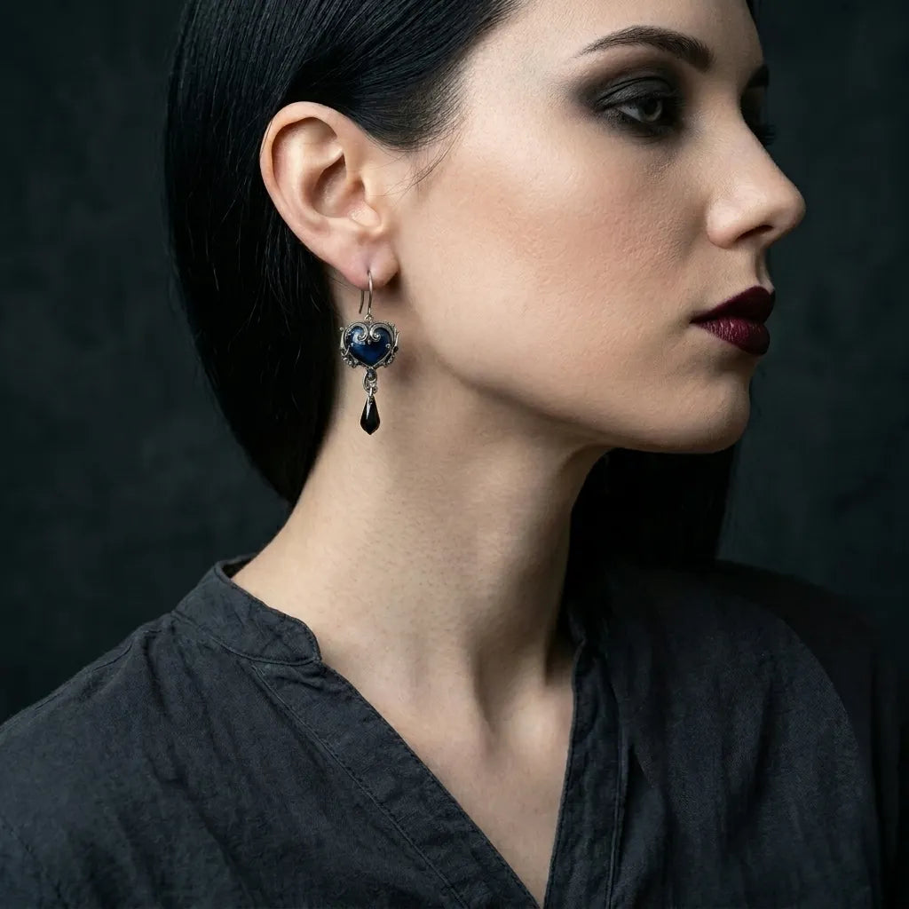 Haunted Blue Heart Skull Drop Earrings