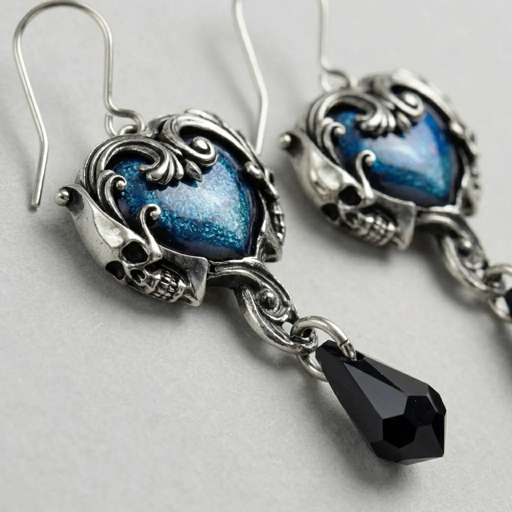 Haunted Blue Heart Skull Drop Earrings