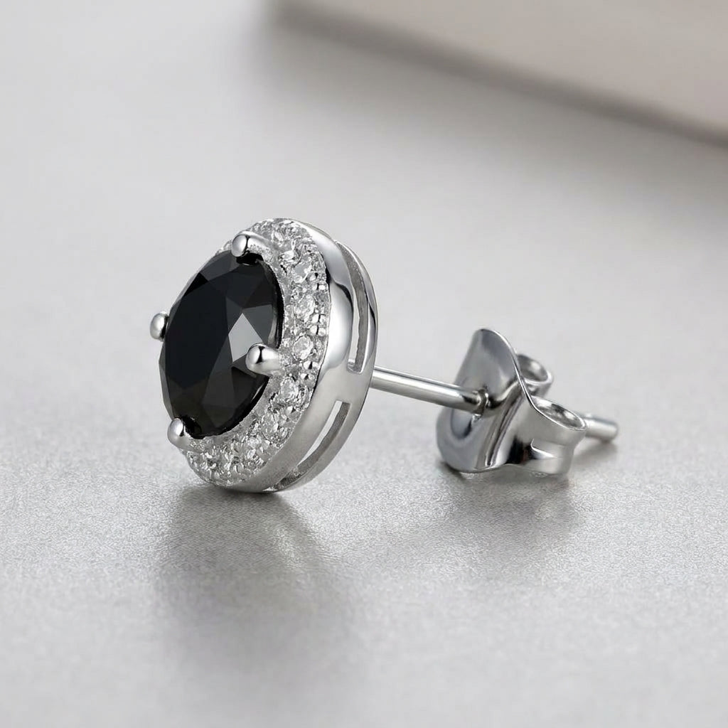 Black Diamond Halo Stud Earrings in Sterling Silver