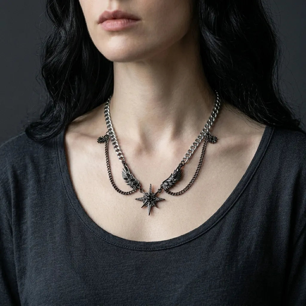 Winged Star Black Crystal Draped Necklace