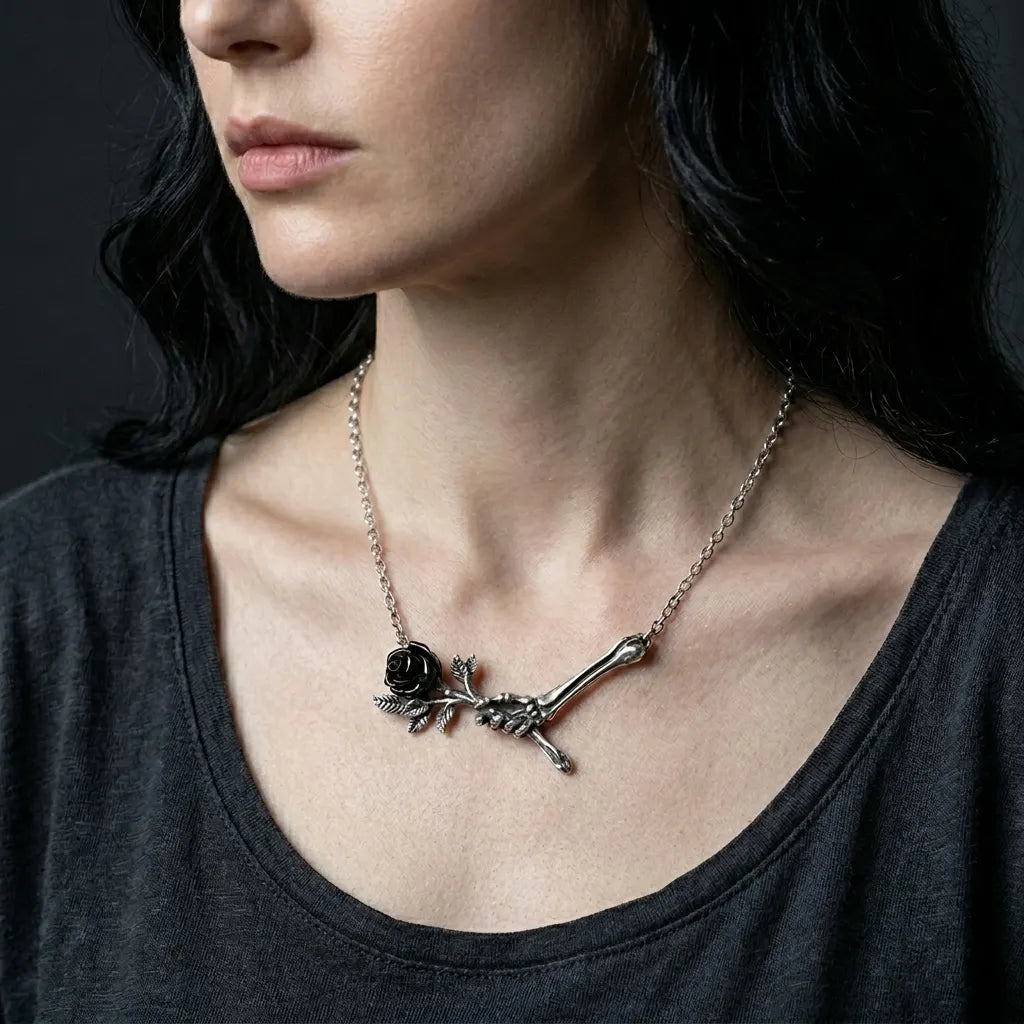 Bone Hand Cursed Rose Necklace
