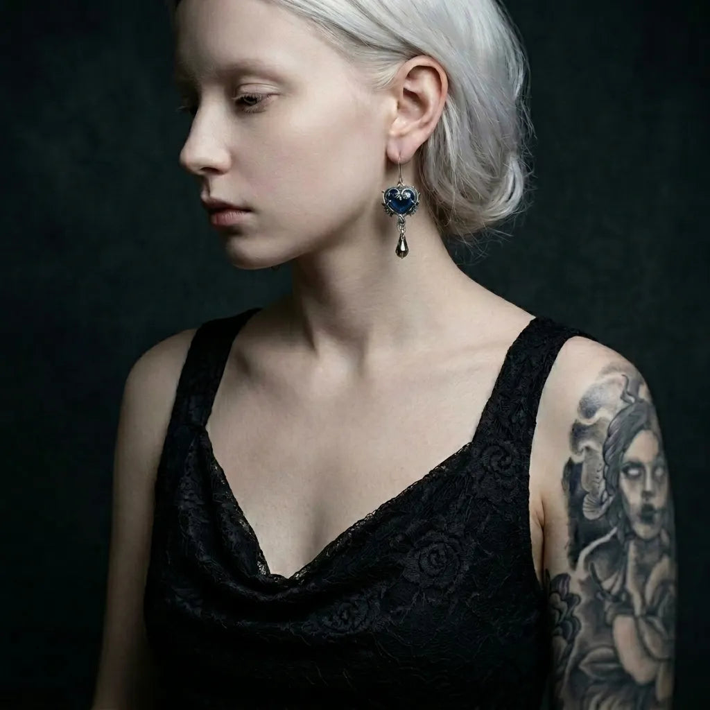 Haunted Blue Heart Skull Drop Earrings
