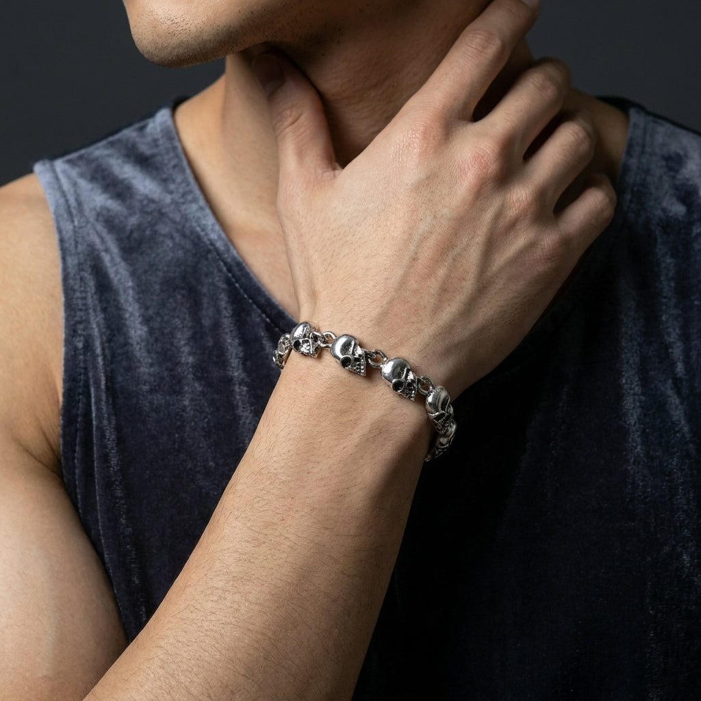Silver Skull Link Chain Bracelet