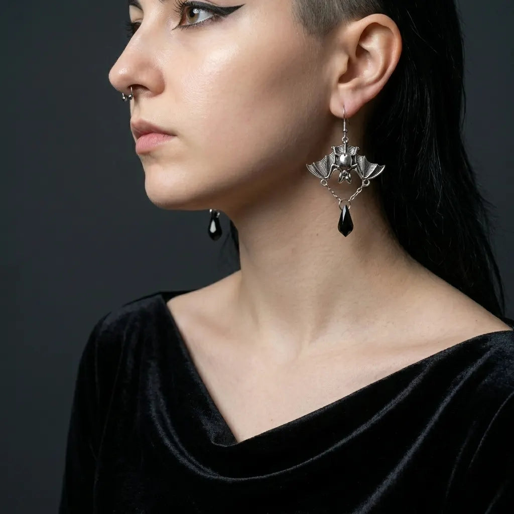 Midnight Wingspan - Gothic Bat & Black Crystal Drop Earrings
