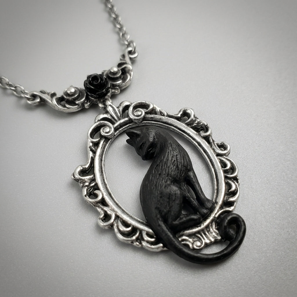 Shadow Cat Victorian Frame Rose Necklace