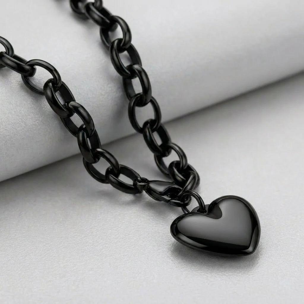 Black Heart Charm Cable Link Bracelet