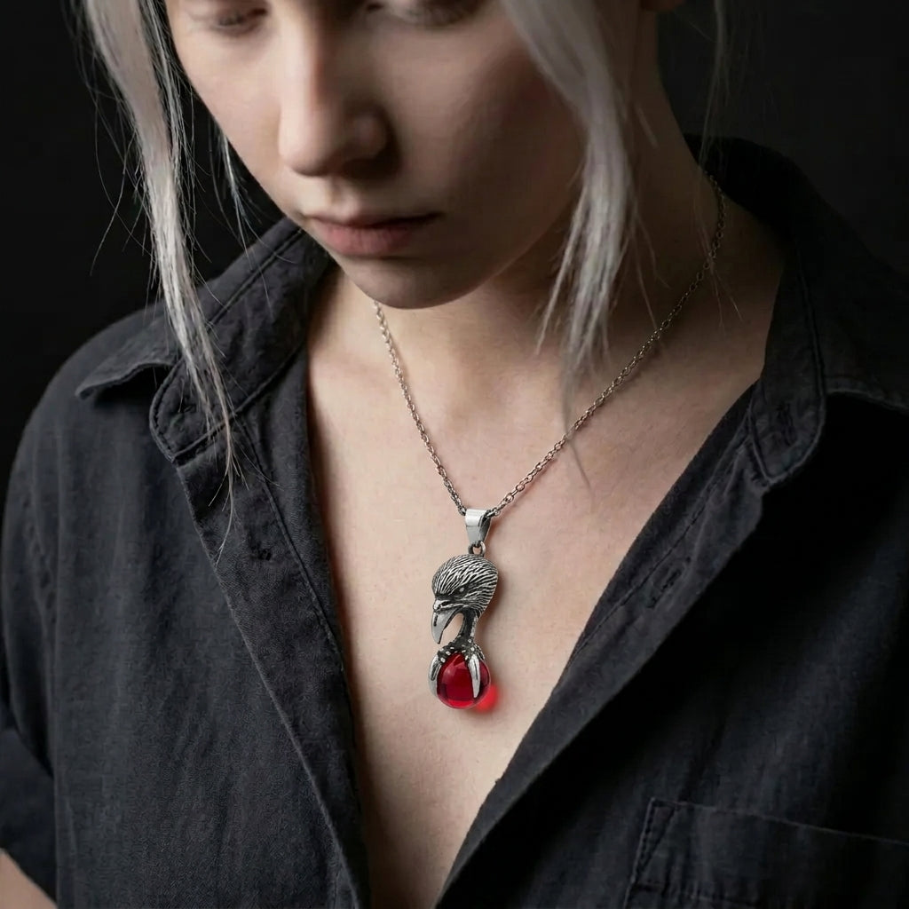 Eagle Claw Pendant Necklace with Red Stone