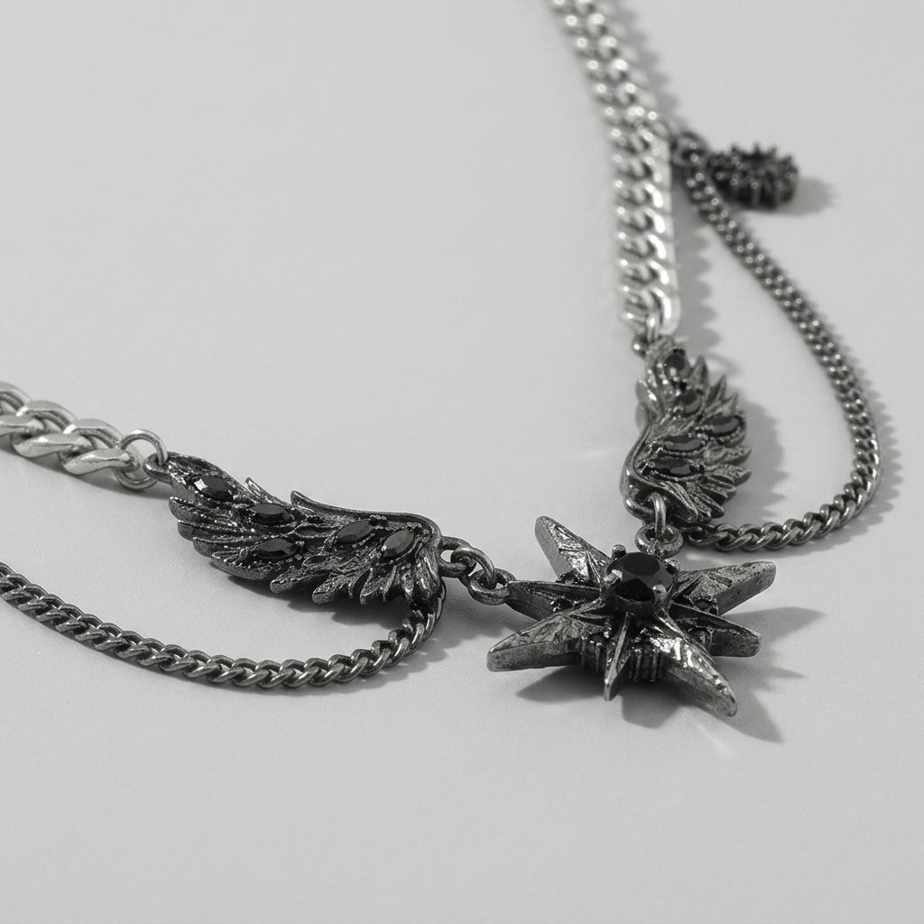 Winged Star Black Crystal Draped Necklace