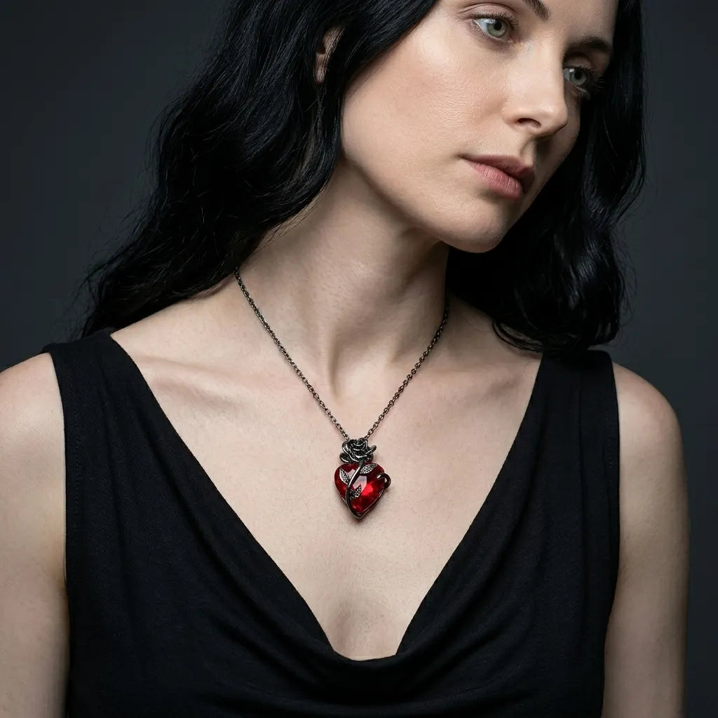 Red Crystal Heart Rose Necklace