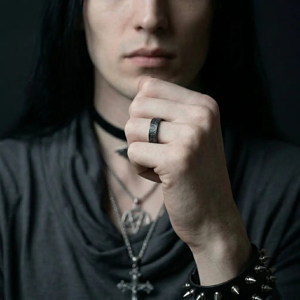 Blackened Geometric Grid Band Ring