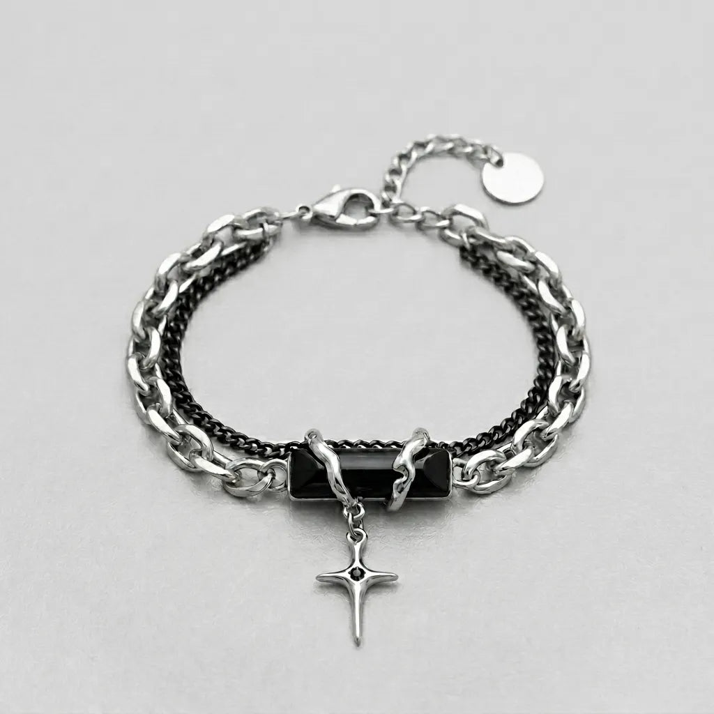 Obsidian Shard Star Charm Dual-Chain Bracelet