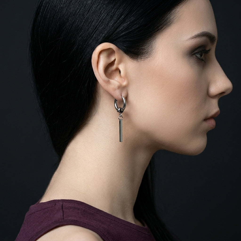 Silver Bar Drop Hoop Earrings