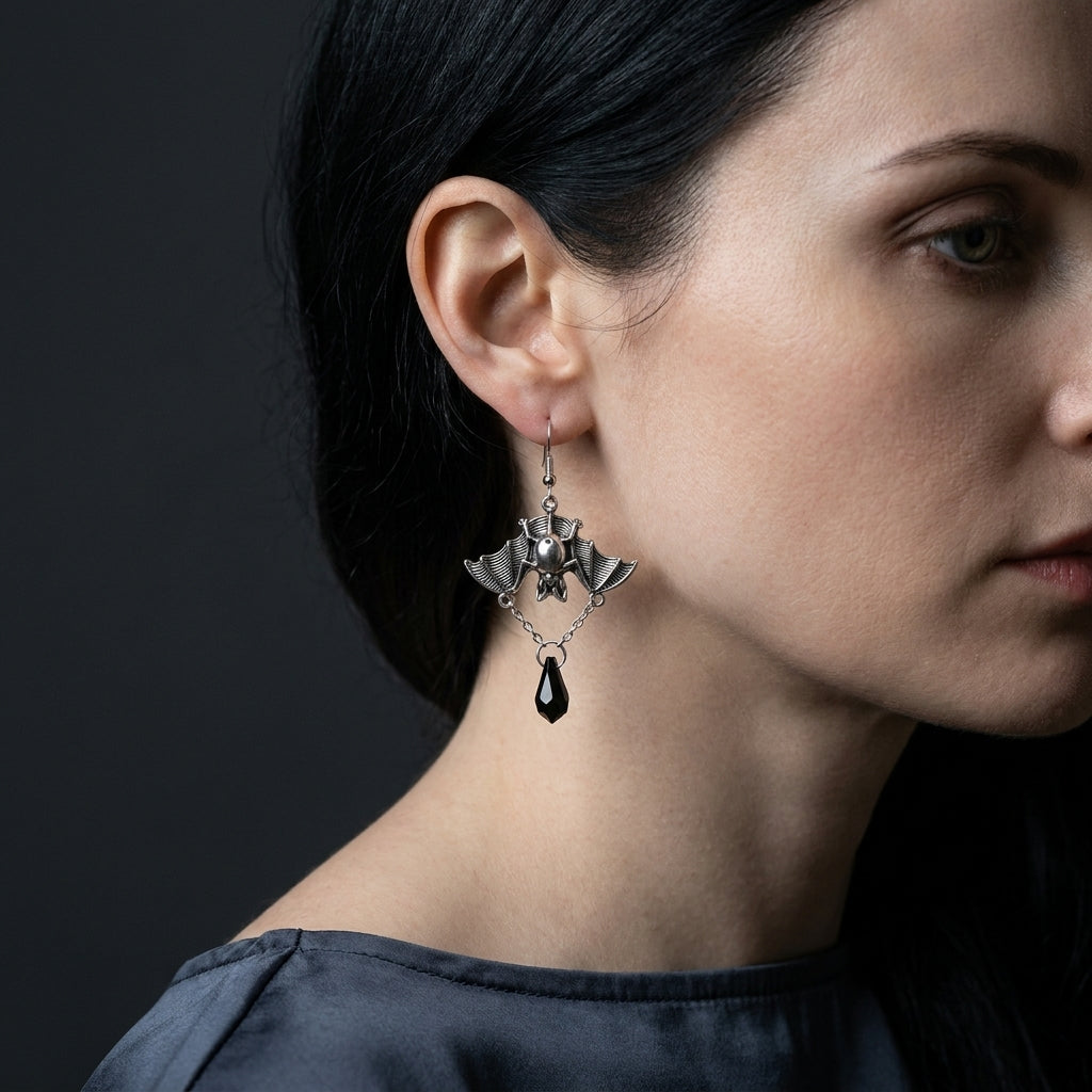 Midnight Wingspan - Gothic Bat & Black Crystal Drop Earrings