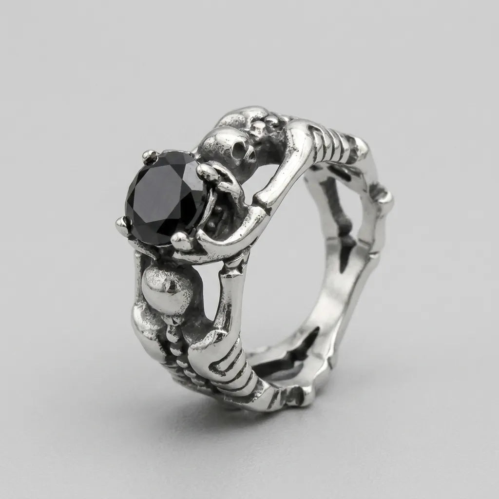Twin Skeleton Embrace Black Gem Ring