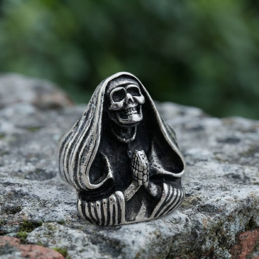 Hooded Grim Reaper Ring with Praying Skeleton Hands