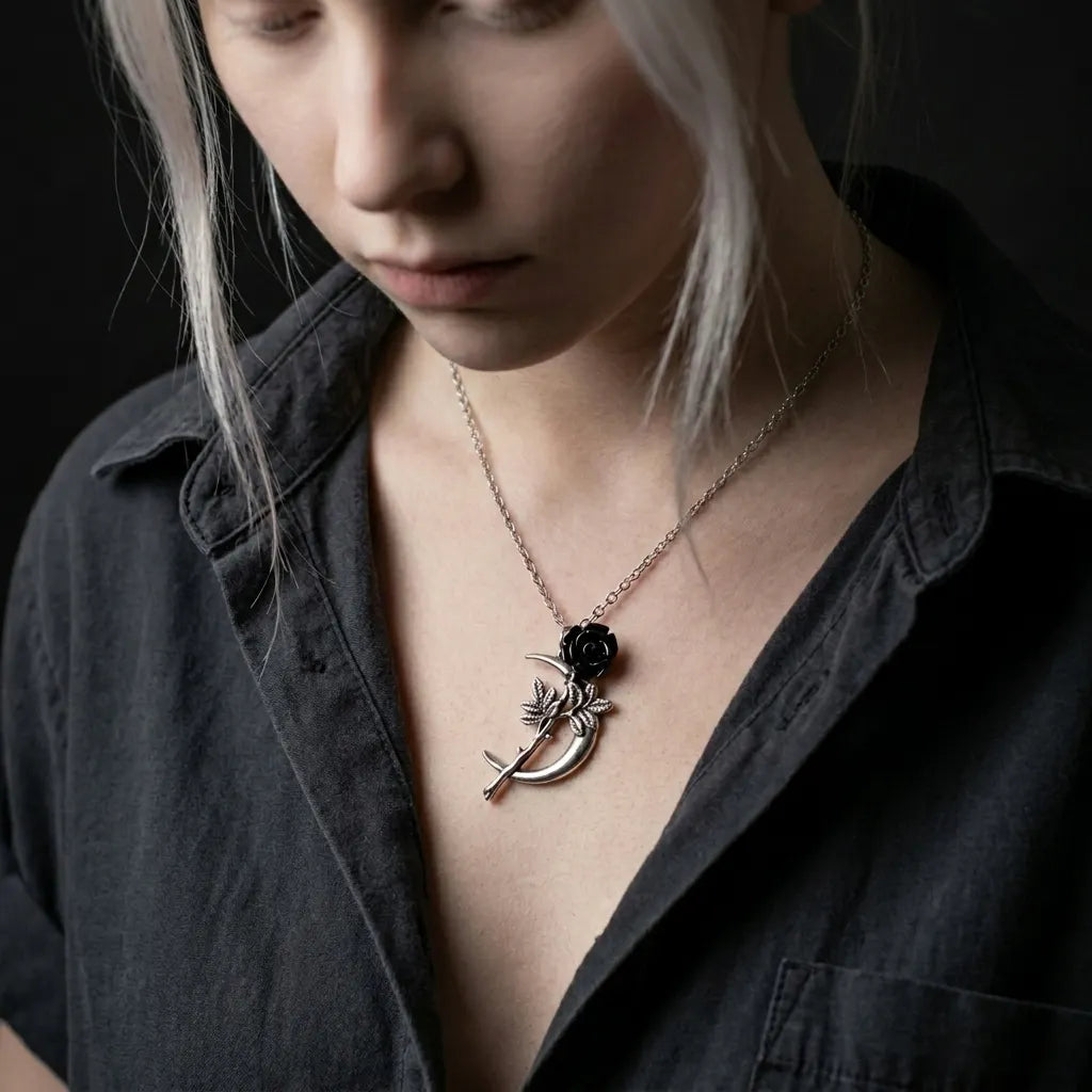 Midnight Crescent Dark Bloom Pendant Necklace