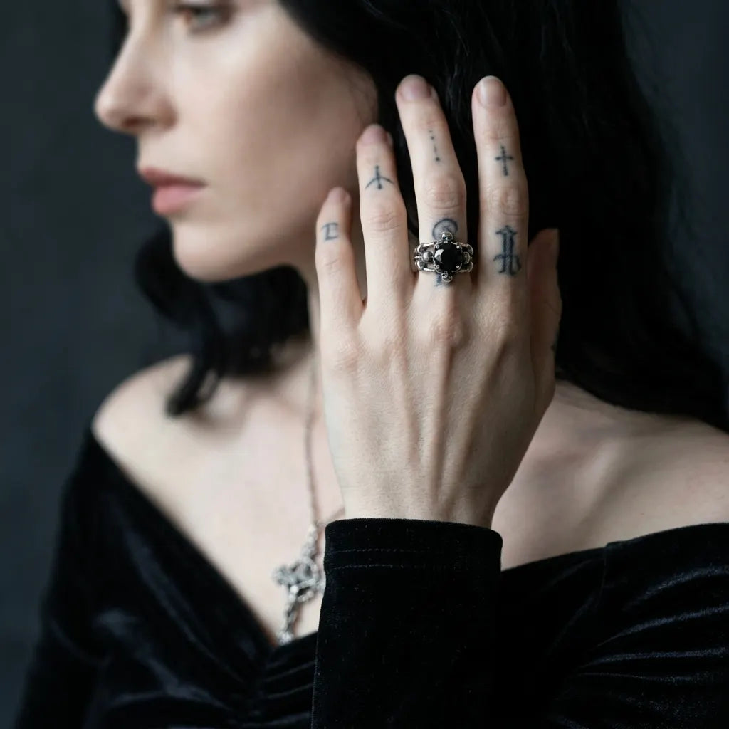 Twin Skeleton Embrace Black Gem Ring