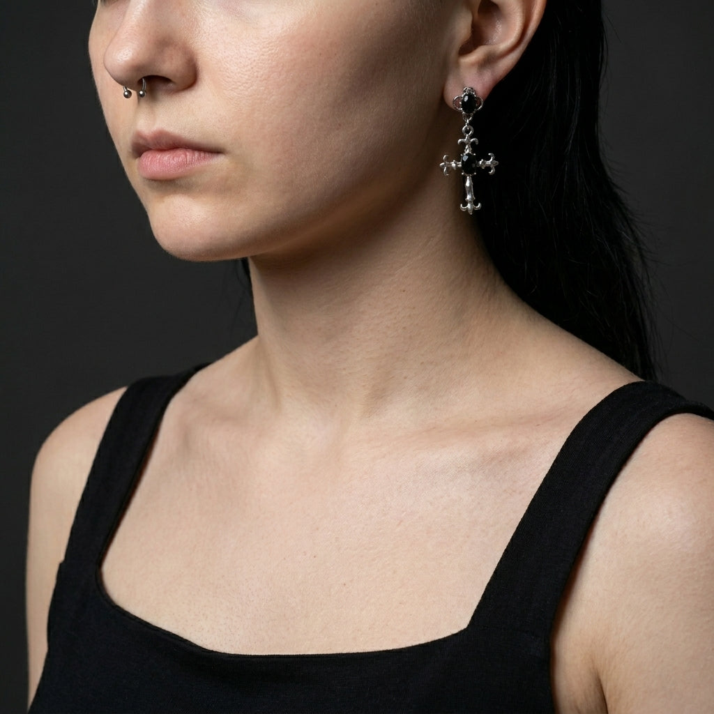 Dark Crystal Cross Dangle Earrings