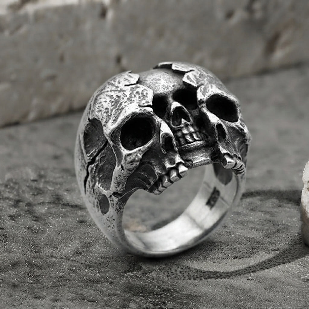 Cracked Skull Dome Ring — Gothic Sterling