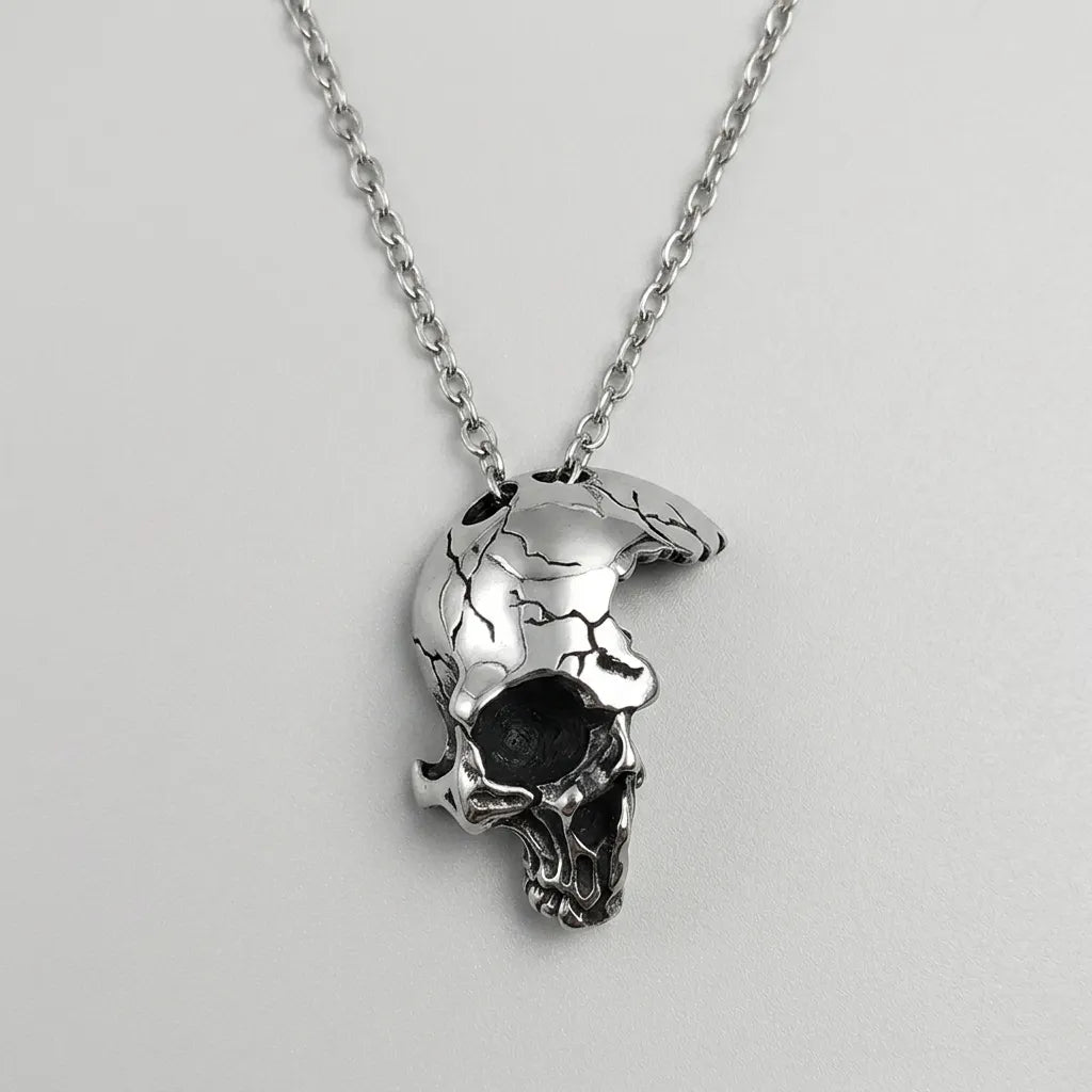 Cracked Moon Skull Pendant Necklace