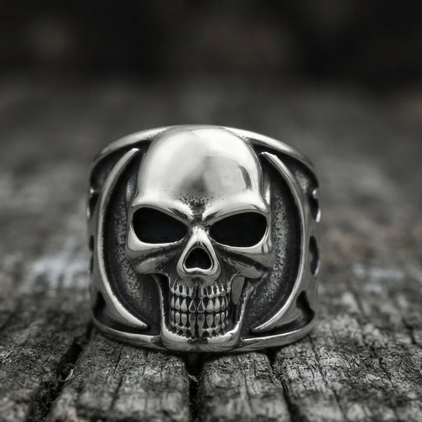 Fanged Skull Tribal Flame Wide Band Ring