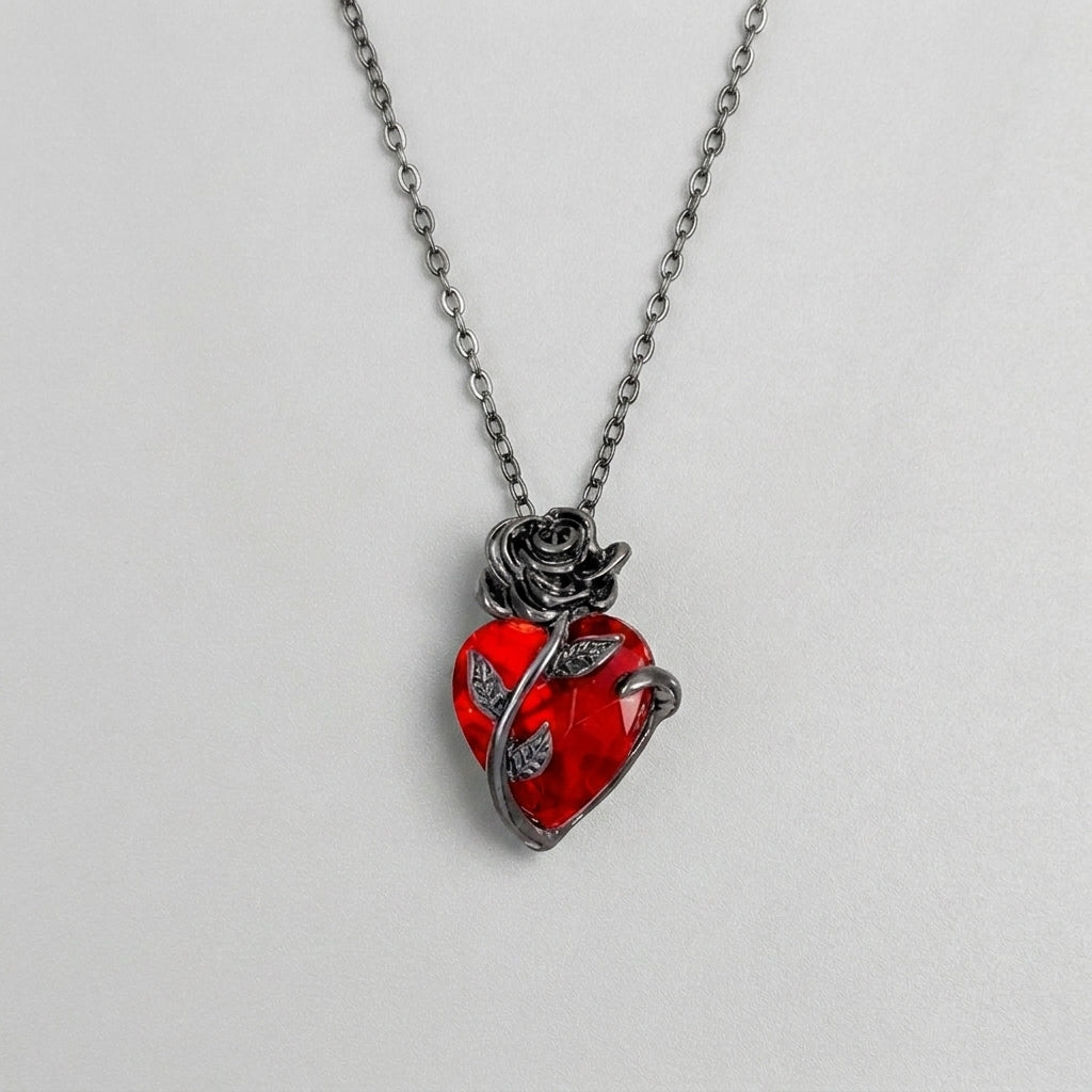 Red Crystal Heart Rose Necklace