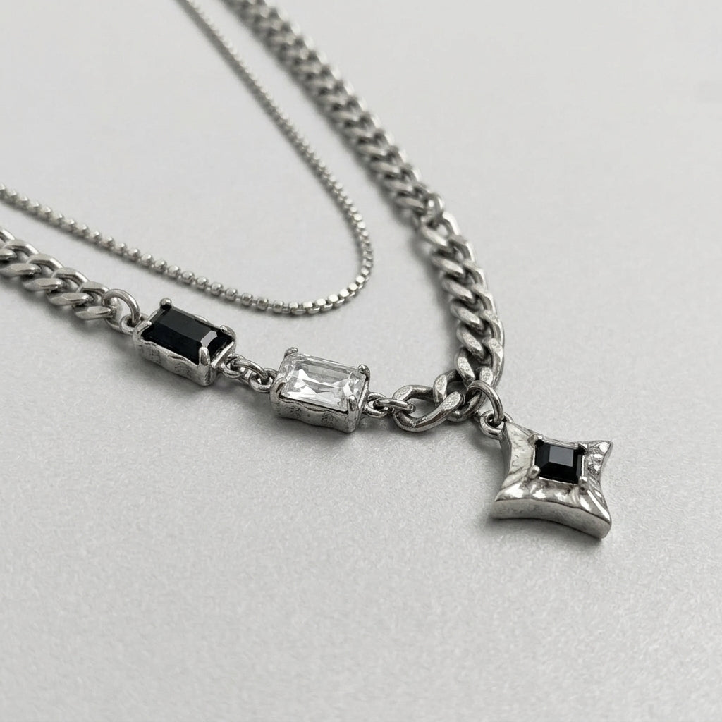 Double Layer Crystal Baguette & Star Charm Necklace