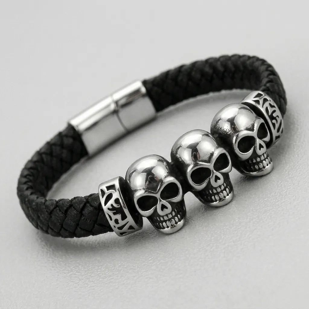 Three Skull Celtic Knot Black Leather Bracelet