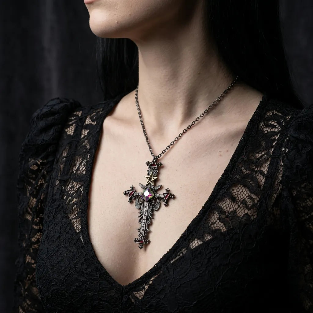 Dark Ritual Pentagram Crystal Cross Necklace