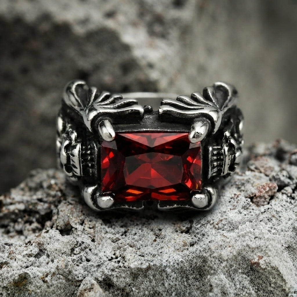 Red Cushion Crystal Skull Claw Statement Ring