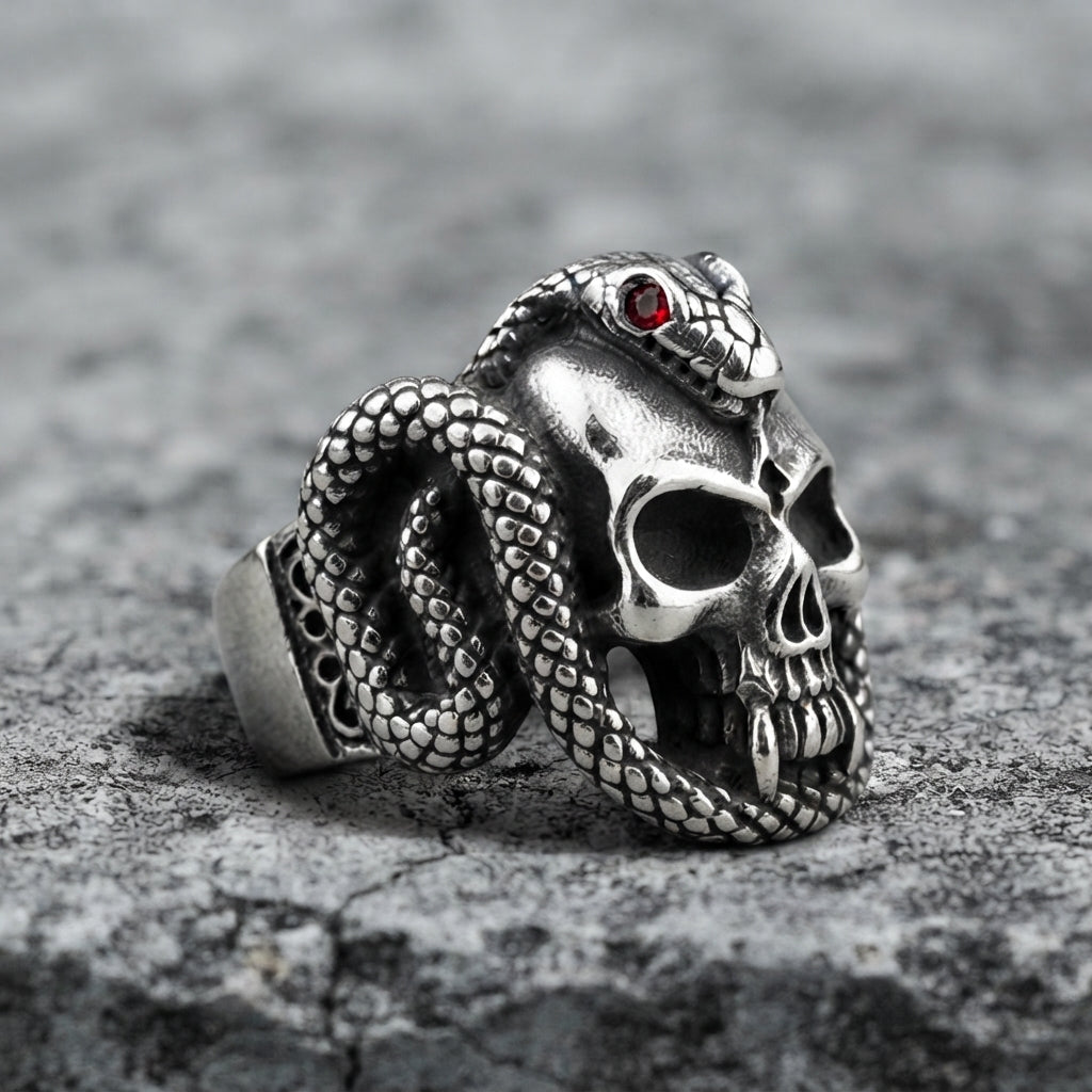 Snake and Skull Ring with Red Crystal Eyes