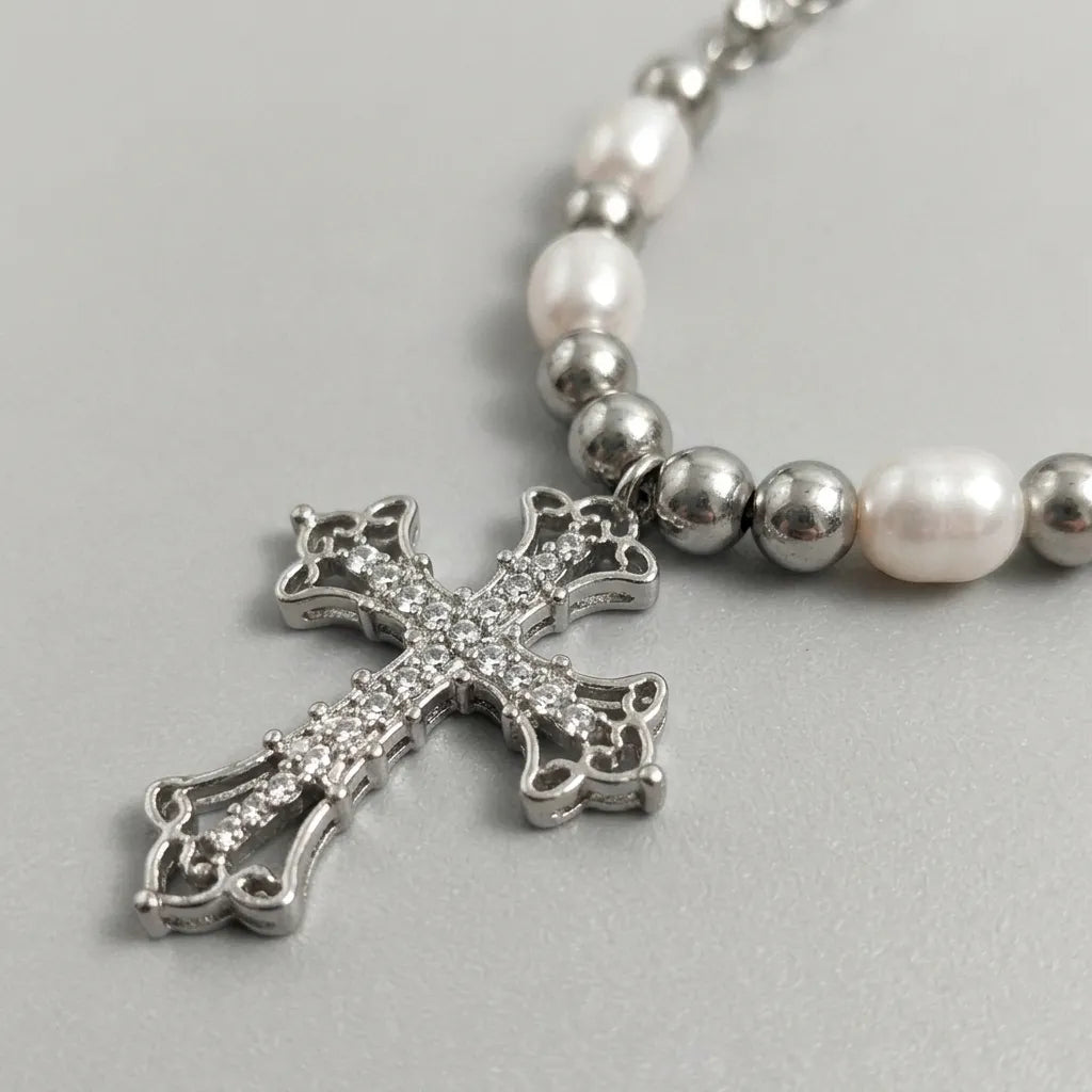Ornate Cross Pearl Rhinestone Necklace